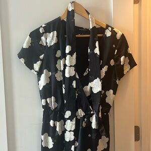 Club Monaco Black and White Floral Romper with Tie Belt